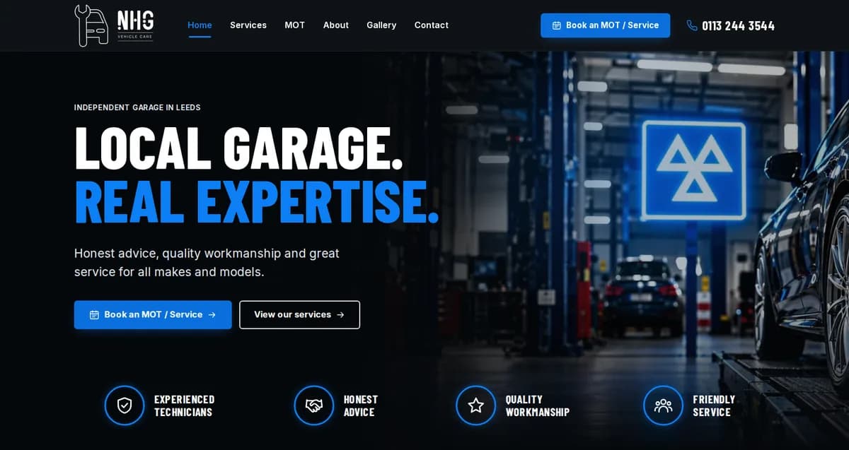 NHG Vehicle Care homepage on a desktop screen