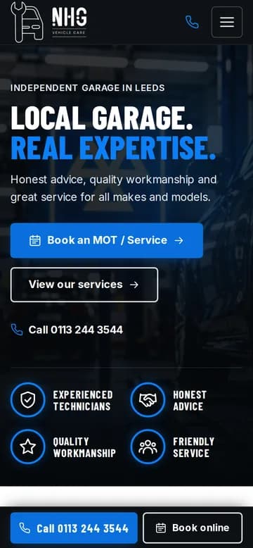 NHG Vehicle Care homepage on a phone