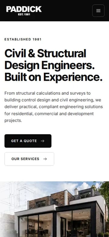 Paddick Engineering homepage on a phone